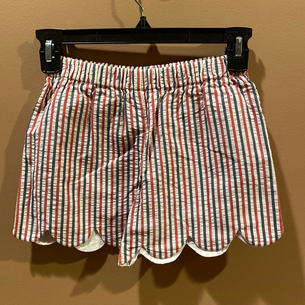 Hannah Kate scalloped shorts.  Red, white and blue seer sucker